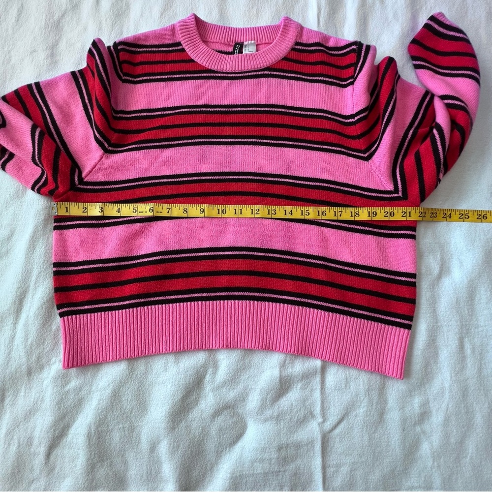 H&M Divided Pink Red and Black Knit Striped Sweater Balloon Sleeves Women’s L - Picture 8 of 10